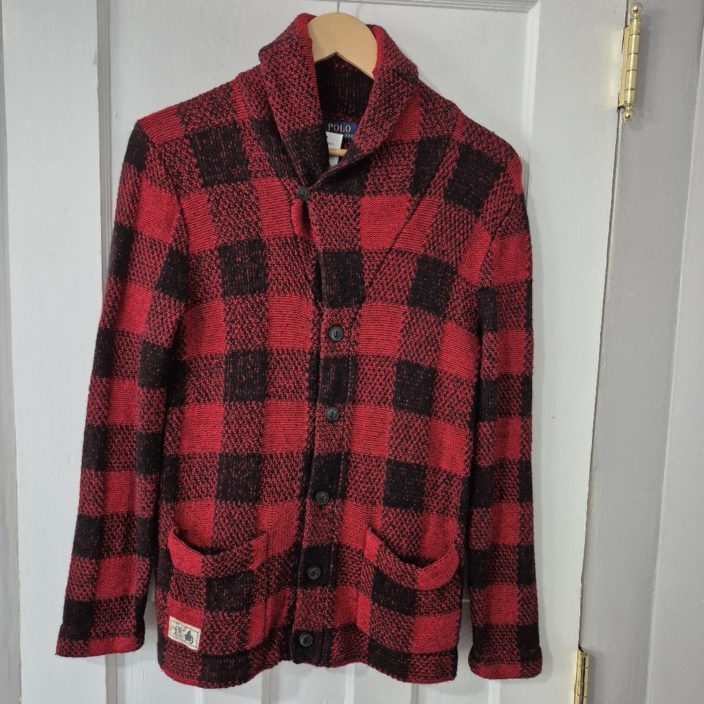 Polo Ralph Lauren Buffalo Plaid Shawl Collar Cardigan Sweater Black Sz S